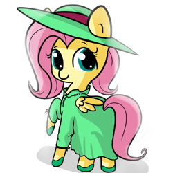 Size: 1280x1280 | Tagged: safe, artist:tjpones, fluttershy, pegasus, pony, clothes, dress, female, hat, looking at you, mare, plot, raised hoof, raised leg, shoes, simple background, smiling, solo, white background