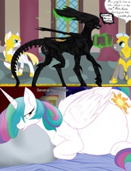 Size: 893x1164 | Tagged: safe, artist:m-p-l, edit, princess celestia, alicorn, goo, pony, alien (franchise), crossover, facehugger, gift giving, meme, preglestia, pregnant, pregnant edit, present, sfw edit, xenomorph, xenomorph queen