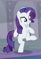 Size: 467x671 | Tagged: safe, screencap, rarity, pony, unicorn, she's all yak, bipedal, cropped, cute, dancing, excited, female, fit right in, grin, looking at someone, mare, raised leg, raribetes, smiling, solo, standing, standing on one leg