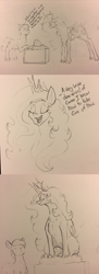 Size: 1280x3520 | Tagged: safe, artist:greyscaleart, princess celestia, alicorn, earth pony, pony, behaving like a bird, brooding, comic, dialogue, egg, female, grayscale, majestic as fuck, male, mare, momlestia, monochrome, pencil drawing, sillestia, silly, spike's egg, stallion, traditional art, unnamed pony