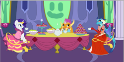 Size: 695x348 | Tagged: artist needed, safe, princess ember, rarity, smolder, pony, unicorn, clothes, cute, dress, food, gala dress, princess smolder, smiley face, tea, tea party