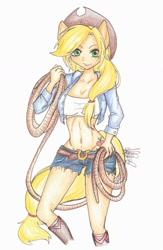 Size: 1024x1572 | Tagged: safe, artist:esotericotaku, applejack, human, abs, belly button, boots, clothes, daisy dukes, eared humanization, humanized, jacket, midriff, pony coloring, rope, short shirt, shorts, solo, tailed humanization, traditional art