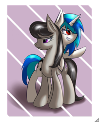 Size: 806x991 | Tagged: safe, artist:capseys, dj pon-3, octavia melody, vinyl scratch, earth pony, pony, unicorn, black mane, female, gray coat, horn, mare, two toned mane, white coat