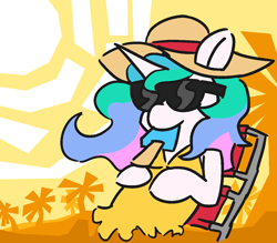 Size: 1200x1050 | Tagged: safe, artist:threetwotwo32232, princess celestia, alicorn, pony, atg 2018, clothes, dress, female, food, hat, ice cream, mare, newbie artist training grounds, palm tree, solo, sun, sun hat, sunglasses, tree