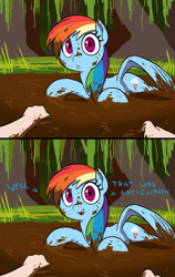 Size: 600x948 | Tagged: safe, artist:doublewbrothers, derpibooru import, rainbow dash, human, pegasus, 2 panel comic, backwards cutie mark, comic, cropped, looking at you, mud, muddy, muddy hooves, offscreen character, pov, rainbow dash simulator, story in the source, talking to viewer, text