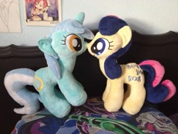 Size: 3264x2448 | Tagged: safe, artist:sweetwaterpony, bon bon, lyra heartstrings, sweetie drops, boop, duo, irl, noseboop, photo, plushie