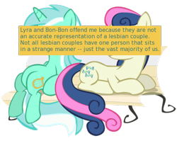 Size: 500x398 | Tagged: safe, bon bon, lyra heartstrings, sweetie drops, bench, female, lesbian, lyrabon, meta, offensive ponies, shipping, sitting, sitting lyra, text