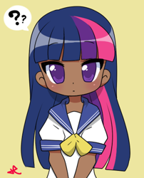 Size: 362x447 | Tagged: safe, artist:lolopan, derpibooru import, twilight sparkle, human, :o, adorkable, anime, blushing, chibi, clothes, cute, dark skin, dork, humanized, looking at you, lucky star, question mark, sailor uniform, school uniform, simple background, solo, sparkle, twiabetes