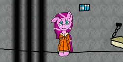 Size: 1560x789 | Tagged: safe, artist:tinaart2305, pinkie pie, earth pony, pony, clothes, crying, pinkamena diane pie, prison, prison outfit, prisoner, prisoner pp, sad, solo