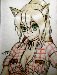 Size: 2520x3289 | Tagged: safe, artist:kevinthecrushinator, applejack, human, applerack, breasts, cleavage, eared humanization, female, front knot midriff, hay stalk, humanized, midriff, plaid shirt, solo, straw in mouth, traditional art, underboob
