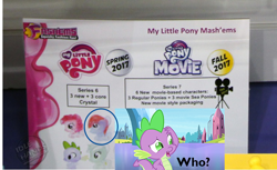 Size: 740x452 | Tagged: safe, screencap, lyra heartstrings, pinkie pie, spike, dragon, earth pony, pony, equestria games (episode), my little pony: the movie, merchandise, my little pony logo