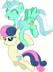 Size: 4000x5505 | Tagged: safe, artist:artpwny, bon bon, lyra heartstrings, sweetie drops, alicorn, earth pony, pony, absurd resolution, alicornified, bon bon is not amused, carrying, duo, eyes closed, flying, frown, happy, lyracorn, race swap, simple background, smiling, transparent background, unamused, vector