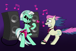 Size: 4240x2824 | Tagged: safe, artist:jay muniz, bon bon, lyra heartstrings, sweetie drops, pony, alternate hairstyle, bipedal, bracelet, choker, duo, ear piercing, electric guitar, eyes closed, eyeshadow, flying v, gradient background, grin, guitar, jewelry, lip piercing, makeup, mohawk, music, music notes, neckerchief, piercing, playing, smiling, speakers, spiked choker, spiked wristband, teenager, wristband, younger