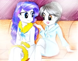 Size: 2968x2322 | Tagged: safe, artist:liaaqila, rarity, raven, equestria girls, alternate hairstyle, bathrobe, clothes, commission, cute, duo, equestria girls-ified, female, robe, spa, spa robe, steam, steam room, traditional art