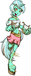 Size: 517x1237 | Tagged: safe, artist:mandarinswift, lyra heartstrings, anthro, plantigrade anthro, belly button, clothes, feet, human facial structure, lyre, midriff, nail polish, necklace, sandals, skirt, solo, toenails, toes