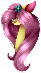 Size: 521x914 | Tagged: safe, artist:alithecat1989, fluttershy, pegasus, pony, colored pupils, female, flower, flower in hair, hair over one eye, looking at you, mare, simple background, solo, transparent background