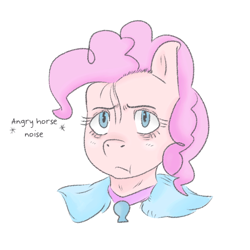 Size: 700x700 | Tagged: safe, artist:jodi sli, pinkie pie, earth pony, pony, bust, clothes, looking at you, simple background, solo, text, unamused, when she doesn't smile