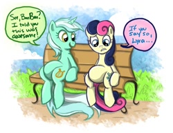 Size: 792x612 | Tagged: safe, artist:buckingawesomeart, bon bon, lyra heartstrings, sweetie drops, bench, duo, pregnant, sitting, sitting lyra