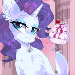 Size: 2000x2000 | Tagged: safe, artist:butterbit, rarity, pony, unicorn, bust, cherry, chest fluff, cute, ear fluff, eyeshadow, food, ice cream, lidded eyes, makeup, raribetes, solo, spoon, sundae