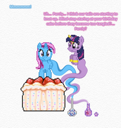 Size: 504x529 | Tagged: safe, artist:verve, derpibooru import, twilight sparkle, oc, oc:parcly taxel, alicorn, genie pony, pony, ain't never had friends like us, albumin flask, alicorn oc, ask genie twilight, birthday cake, bottle, cake, genie, strawberry