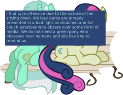 Size: 500x386 | Tagged: safe, bon bon, lyra heartstrings, sweetie drops, bench, meta, offensive ponies, sitting, sitting lyra, text