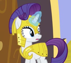 Size: 563x503 | Tagged: safe, screencap, rarity, pony, unicorn, sparkle's seven, armor, armorarity, cropped, cute, glowing horn, open mouth, raribetes, solo