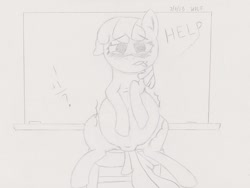 Size: 772x581 | Tagged: safe, artist:theimmortalwolf, cheerilee, birth, birthing, blushing, chalkboard, labor, pregnant, solo