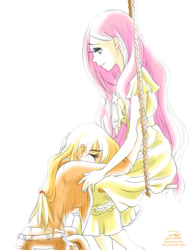 Size: 572x752 | Tagged: safe, artist:zoe-productions, applejack, fluttershy, human, comforting, crying, humanized, swing