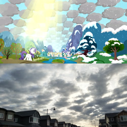 Size: 1920x1920 | Tagged: safe, screencap, rarity, pony, unicorn, magical mystery cure, season 3, calgary, cloud, comparison, female, mare, my little pony, ponyville