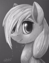 Size: 1806x2298 | Tagged: safe, artist:nebula210, applejack, earth pony, pony, bust, grayscale, monochrome, portrait, smiling, solo, wet, wet mane