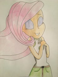 Size: 3024x4032 | Tagged: safe, artist:stammis, fluttershy, equestria girls, legend of everfree, absurd resolution, clothes, eyes closed, female, shorts, solo, traditional art