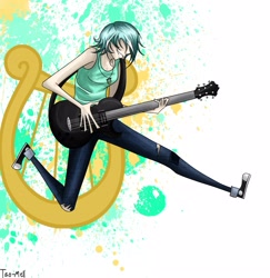 Size: 3790x3900 | Tagged: safe, artist:tao-mell, lyra heartstrings, human, fanfic:anthropology, electric guitar, fanfic, fanfic art, female, grin, guitar, hair over eyes, hidden eyes, humanized, smiling, solo