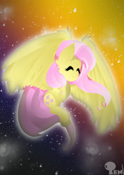 Size: 1024x1448 | Tagged: safe, artist:edonovaillustrator, fluttershy, pegasus, pony, abstract background, eyes closed, glow, happy, smiling, solo, spread wings, wings