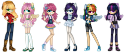 Size: 1280x545 | Tagged: safe, artist:fantarianna, derpibooru import, applejack, fluttershy, pinkie pie, rainbow dash, rarity, twilight sparkle, human, applejack's hat, clothes, converse, cowboy hat, denim, dress, eared humanization, goggles, hair ornament, hat, humanized, kneesocks, looking at you, mary janes, shoes, shorts, simple background, skirt, socks, standing, transparent background, victory sign, winged humanization, wings