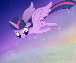 Size: 1200x1000 | Tagged: safe, artist:isa-isa-chan, derpibooru import, twilight sparkle, twilight sparkle (alicorn), alicorn, pony, female, flying, looking down, mare, ponyville, solo