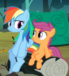 Size: 658x732 | Tagged: safe, derpibooru import, screencap, rainbow dash, scootaloo, pegasus, pony, sleepless in ponyville, cropped, duo, log, looking at each other, sitting, smiling