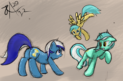 Size: 594x394 | Tagged: safe, artist:zealie, lyra heartstrings, minuette, sunshower raindrops, pegasus, pony, unicorn, female, flying, mare, raised hoof, raised leg, signature, simple background, wings