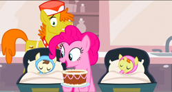 Size: 1360x730 | Tagged: safe, screencap, carrot cake, pinkie pie, pound cake, pumpkin cake, earth pony, pony, baby cakes, cake, cake twins, food, hoof sucking, sleeping, swaddling