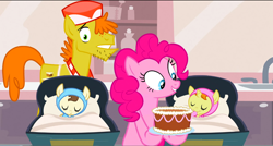 Size: 1360x730 | Tagged: safe, screencap, carrot cake, pinkie pie, pound cake, pumpkin cake, earth pony, pony, baby cakes, cake, cake twins, food, hoof sucking, sleeping, swaddling