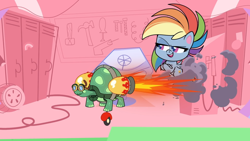 Size: 1920x1080 | Tagged: safe, derpibooru import, screencap, rainbow dash, tank, pegasus, pony, tortoise, my little pony: pony life, the fast and the furriest, spoiler:pony life s01e11, crossed hooves, goggles, rocket