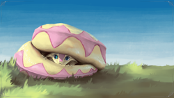 Size: 3840x2160 | Tagged: safe, alternate version, artist:eqlipse, derpibooru import, fluttershy, anthro, snake, :c, curled up, cute, female, fluttersnake, frown, grass, hiding, looking at you, painterly, peeking, scared, serpent, shy, shyabetes, sky, snek, solo, species swap, wallpaper, x-com