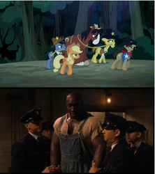 Size: 1024x1152 | Tagged: safe, screencap, applejack, sheriff silverstar, trouble shoes, earth pony, pony, appleoosa's most wanted, comparison, fridge horror, michael clarke duncan, the green mile, the implications are horrible, tom hanks, unfortunate implications