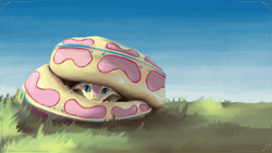 Size: 3840x2160 | Tagged: safe, alternate version, artist:eqlipse, derpibooru import, fluttershy, anthro, snake, viper, :c, curled up, cute, female, fluttersnake, frown, grass, hiding, looking at you, painterly, peeking, scared, serpent, shy, shyabetes, sky, snek, solo, species swap, wallpaper, x-com