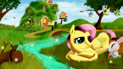 Size: 1920x1080 | Tagged: safe, artist:leonkay, angel bunny, fluttershy, pegasus, pony, fluttershy's cottage, prone