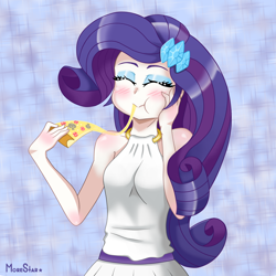 Size: 3200x3204 | Tagged: safe, artist:morestar, rarity, human, equestria girls, :>, abstract background, blushing, clothes, cute, dress, eating, eyes closed, female, food, hairpin, happy, humanized, makeup, pizza, puffy cheeks, raribetes, sleeveless, smiling, solo, sparkles