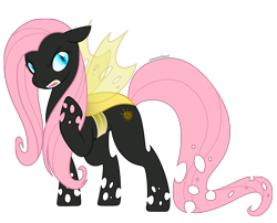 Size: 2294x1853 | Tagged: safe, artist:cloudyrei, fluttershy, changeling, changelingified, raised hoof, simple background, solo, species swap, transparent background, yellow changeling