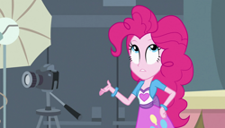 Size: 1904x1090 | Tagged: safe, screencap, pinkie pie, equestria girls, equestria girls (movie), balloon, bracelet, camera, clothes, jewelry, light umbrella, skirt, solo