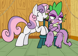 Size: 1280x914 | Tagged: safe, artist:reiduran, spike, sweetie belle, dragon, female, forced makeover, makeover, makeup, male, shipping, spikebelle, straight, unamused