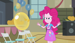 Size: 1904x1090 | Tagged: safe, screencap, pinkie pie, equestria girls, equestria girls (movie), angry, balloon, bracelet, chair, clothes, corn, food, jewelry, pumpkin, skirt, solo