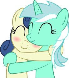 Size: 4424x5000 | Tagged: safe, artist:artpwny, bon bon, lyra heartstrings, sweetie drops, absurd resolution, blushing, female, happy, hug, lesbian, lyrabon, shipping, simple background, transparent background, vector